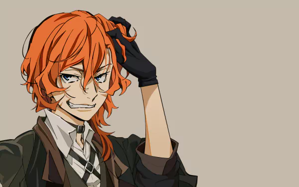 HD anime desktop wallpaper featuring Chuuya Nakahara from Bungou Stray Dogs with vibrant orange hair and confident expression against a neutral background.