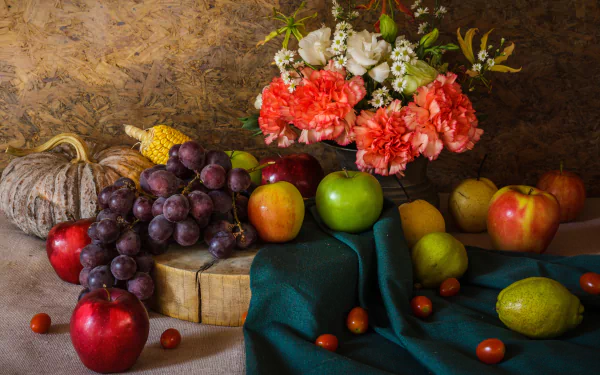 carnation pear flower grapes apple fruit food still life HD Desktop Wallpaper | Background Image