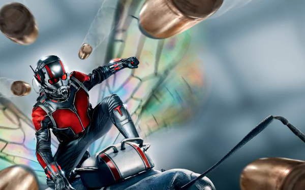 HD desktop wallpaper featuring Ant-Man in his suit, poised for action amidst flying bullets, with iridescent insect wings in the background.