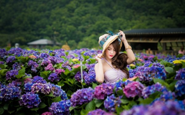 Women Asian Hydrangea Model Flower Blue Flower Hat Depth Of Field Brunette Long Hair HD Wallpaper | Background Image