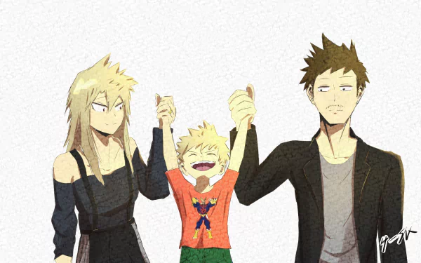 HD anime wallpaper featuring Katsuki Bakugou, Masaru Bakugo, and Mitsuki Bakugo from My Hero Academia, showcasing the family holding hands with joyful expressions.