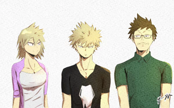 HD anime wallpaper featuring Katsuki Bakugou, Masaru Bakugo, and Mitsuki Bakugo from My Hero Academia in a stylized art design.