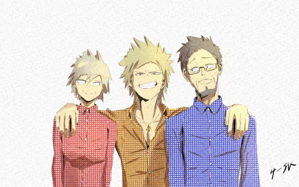 HD PC desktop wallpaper featuring Katsuki Bakugou, Masaru Bakugo, and Mitsuki Bakugo from the anime My Hero Academia, showcasing a family moment with bright, detailed art.