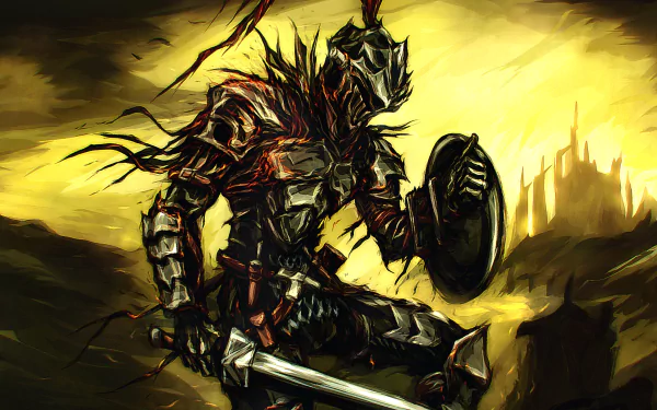 An HD desktop wallpaper of a knight in dark armor from the video game Dark Souls, holding a sword and shield with a fiery background and a fading castle in the distance.