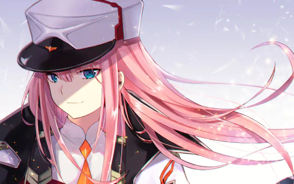 An HD desktop wallpaper featuring Zero Two from the anime Darling in the FranXX, showcasing her with flowing pink hair and wearing a detailed uniform with a cap.