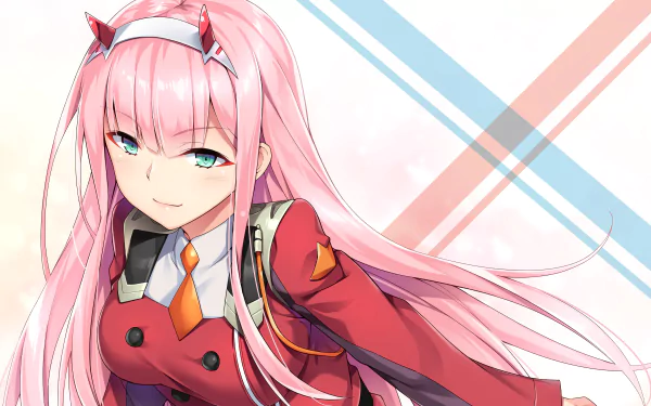 Zero Two from Darling in the FranXX with pink hair and red outfit, featured in a vibrant 4K Ultra HD anime desktop wallpaper background.
