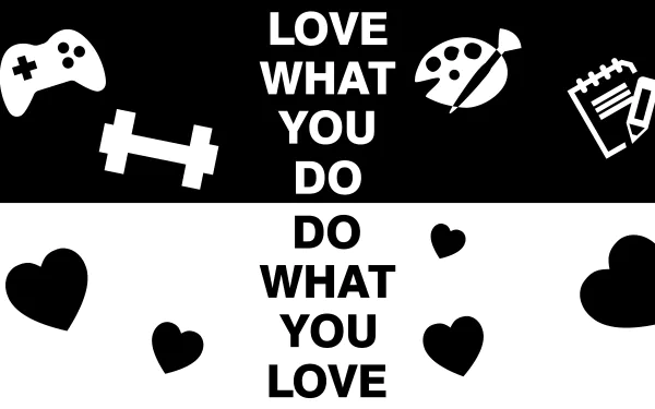 A bold black and white 4K Ultra HD PC desktop wallpaper featuring the motivational quote LOVE WHAT YOU DO, DO WHAT YOU LOVE surrounded by icons of a game controller, weights, paint palette, notebook, and hearts.