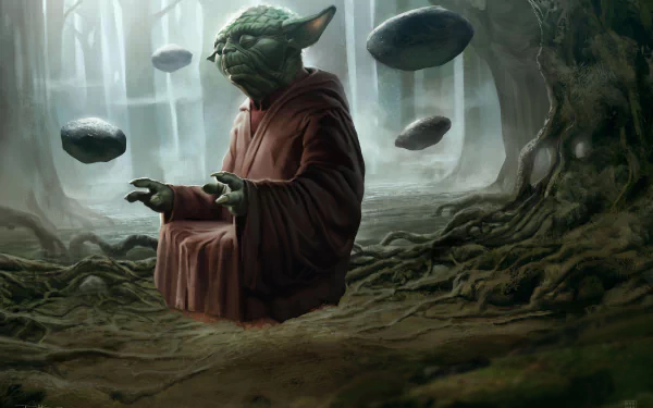 HD desktop wallpaper featuring Yoda from Star Wars, levitating in a serene forest setting with floating rocks. The image exudes a sense of peace and the mystical power of the Jedi.