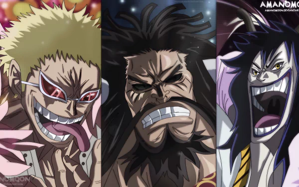 HD PC desktop wallpaper featuring anime villains Kaido, Donquixote Doflamingo, and Caesar Clown from One Piece in a dynamic, intense art style.