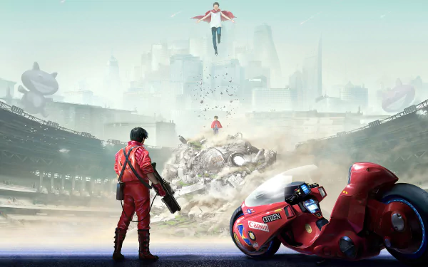 HD desktop wallpaper featuring Shotaro Kaneda and Tetsuo Shima, from the anime Akira, in a futuristic sci-fi setting. Kaneda stands near his iconic motorcycle, watching Tetsuo hover above chaos in a dystopian cityscape.