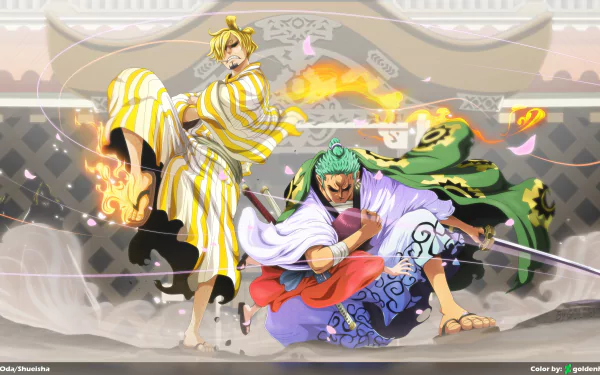 HD PC desktop wallpaper featuring anime characters Sanji, Roronoa Zoro, and Toko from One Piece in dynamic battle poses with vibrant colors and effects.