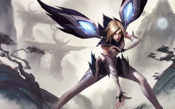 HD desktop wallpaper of Kai'Sa from League of Legends, featuring the character in a dynamic pose against a mystical landscape background.