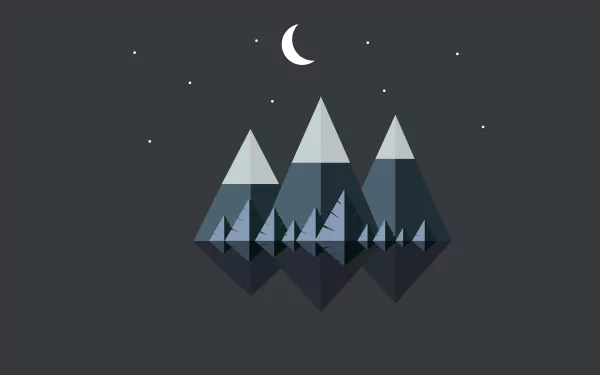 A minimalist HD desktop wallpaper featuring an artistic depiction of mountains with snow-capped peaks under a crescent moon in a starry night sky.