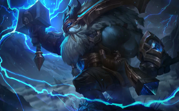 HD desktop wallpaper featuring Ornn from League of Legends, depicted with glowing blue lightning and a powerful, armored stance in a dynamic video game scene.