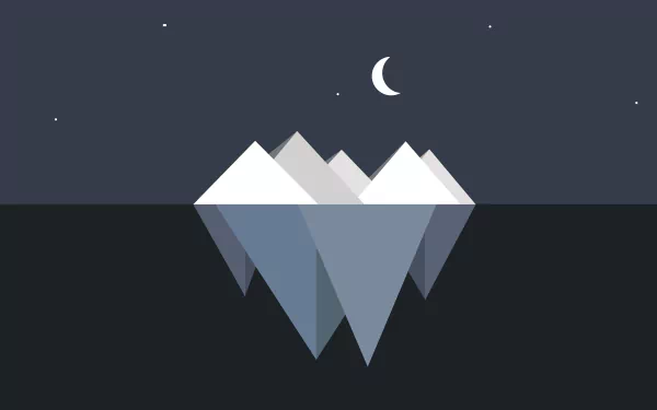 Minimalist 8K Ultra HD wallpaper featuring an artistic iceberg floating on dark water under a crescent moon in a tranquil night sky.