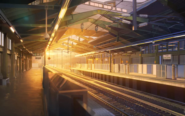 HD anime wallpaper of a tranquil train station bathed in a warm, golden sunset light, showcasing an empty platform and railway tracks.