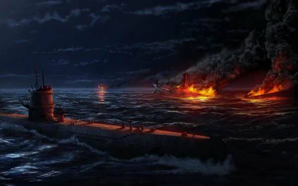 HD desktop wallpaper from the video game Hearts of Iron IV, featuring a submarine navigating dark waters near a burning ship under a stormy night sky.