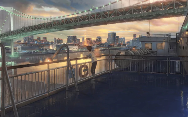 HD desktop wallpaper featuring Hodaka Morishima from Weathering with You. The anime scene showcases a stunning cityscape beneath a large bridge at sunset, with reflective waters adding to the serene atmosphere.