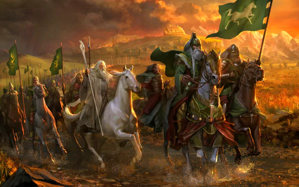 Epic fantasy scene of Gandalf and armored warriors on horseback charging across a battlefield at sunset, inspired by The Lord of the Rings, in 4K Ultra HD detail.
