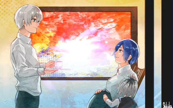 HD anime wallpaper featuring Ichika Kaneki, Touka Kirishima, and Ken Kaneki from Tokyo Ghoul:re, with a vibrant orange and pink sky framed by a window.