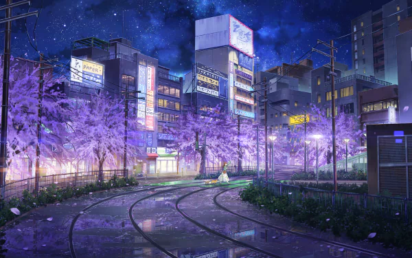 Anime-style HD wallpaper depicting a vibrant city scene at night with cherry trees in bloom, illuminated buildings, and a starry sky.