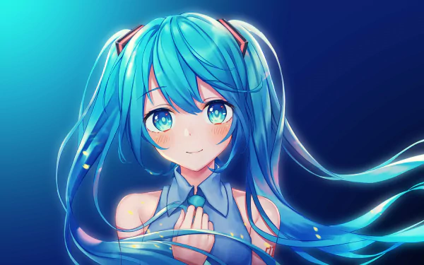 HD desktop wallpaper featuring Hatsune Miku, an iconic Vocaloid character, in anime style with her signature long blue hair and vibrant eyes against a dark blue background.