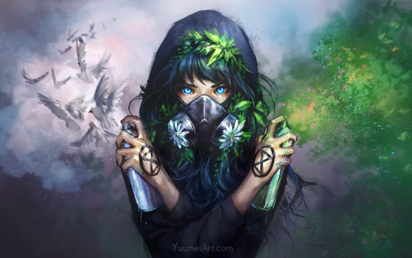 HD anime wallpaper featuring an original character with blue eyes, masked face, holding spray paint cans, and surrounded by nature elements and doves.