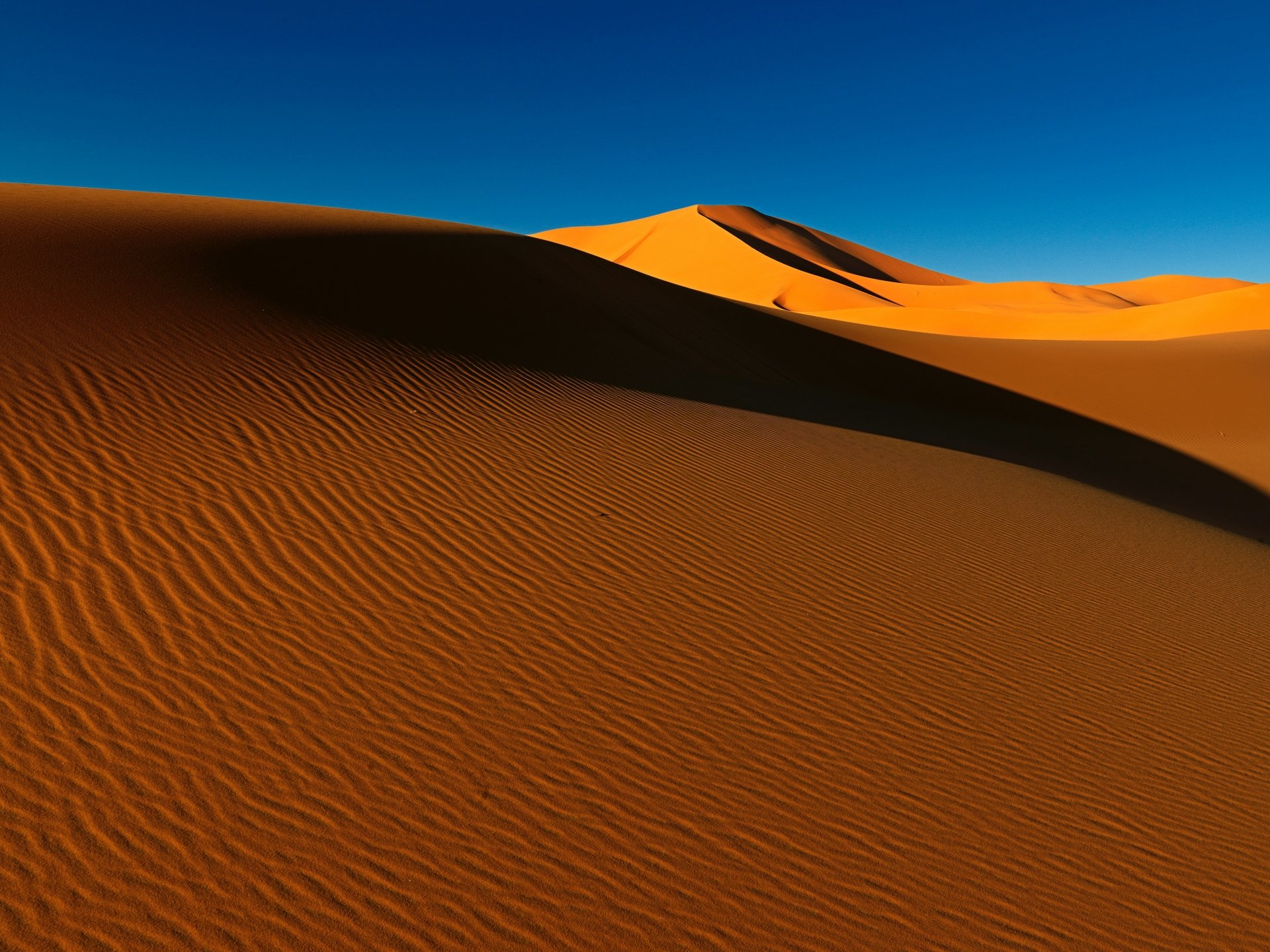 HD PC desktop wallpaper of golden sand dunes under a clear blue sky, capturing the serene beauty of desert nature and textured sand patterns.