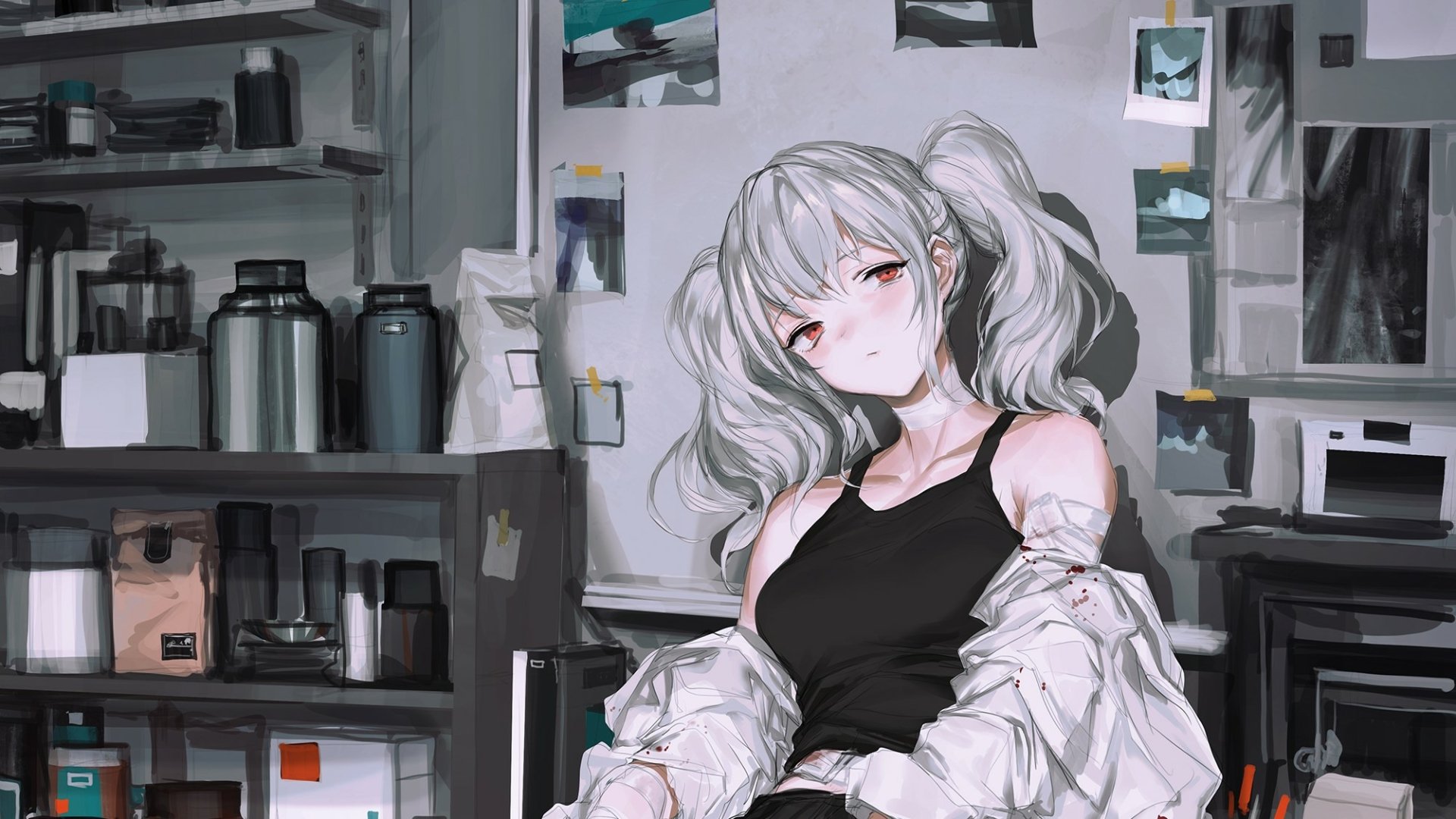 Anime-style original HD desktop wallpaper featuring a grey-haired girl with twintails in a casual black top and white jacket, set in a detailed indoor environment.