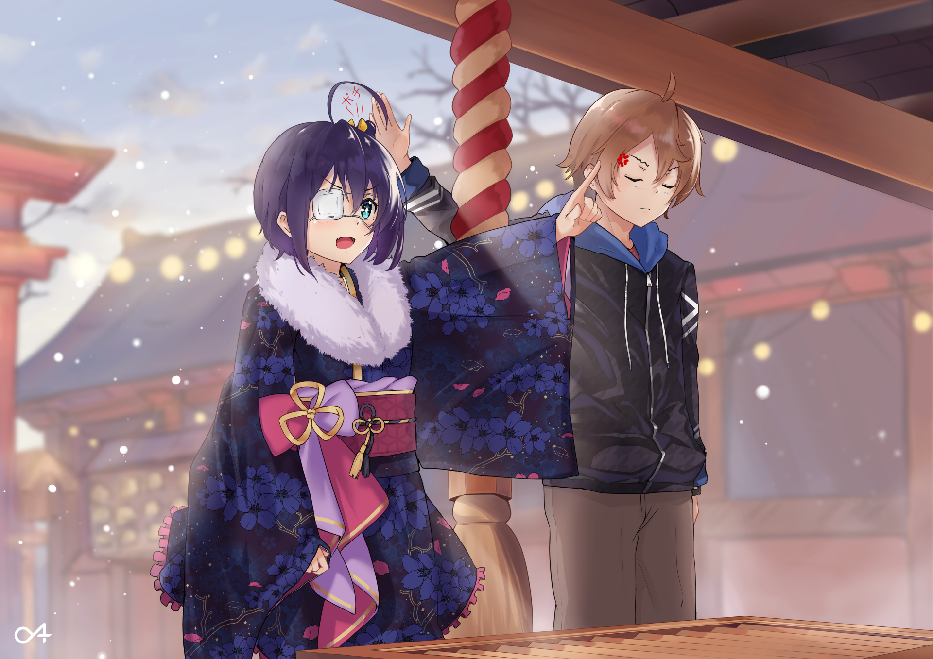 Rikka Takanashi and Yūta Togashi from Love Chunibyo & Other Delusions in a serene snowy setting, depicted in an 8K Ultra HD anime wallpaper.