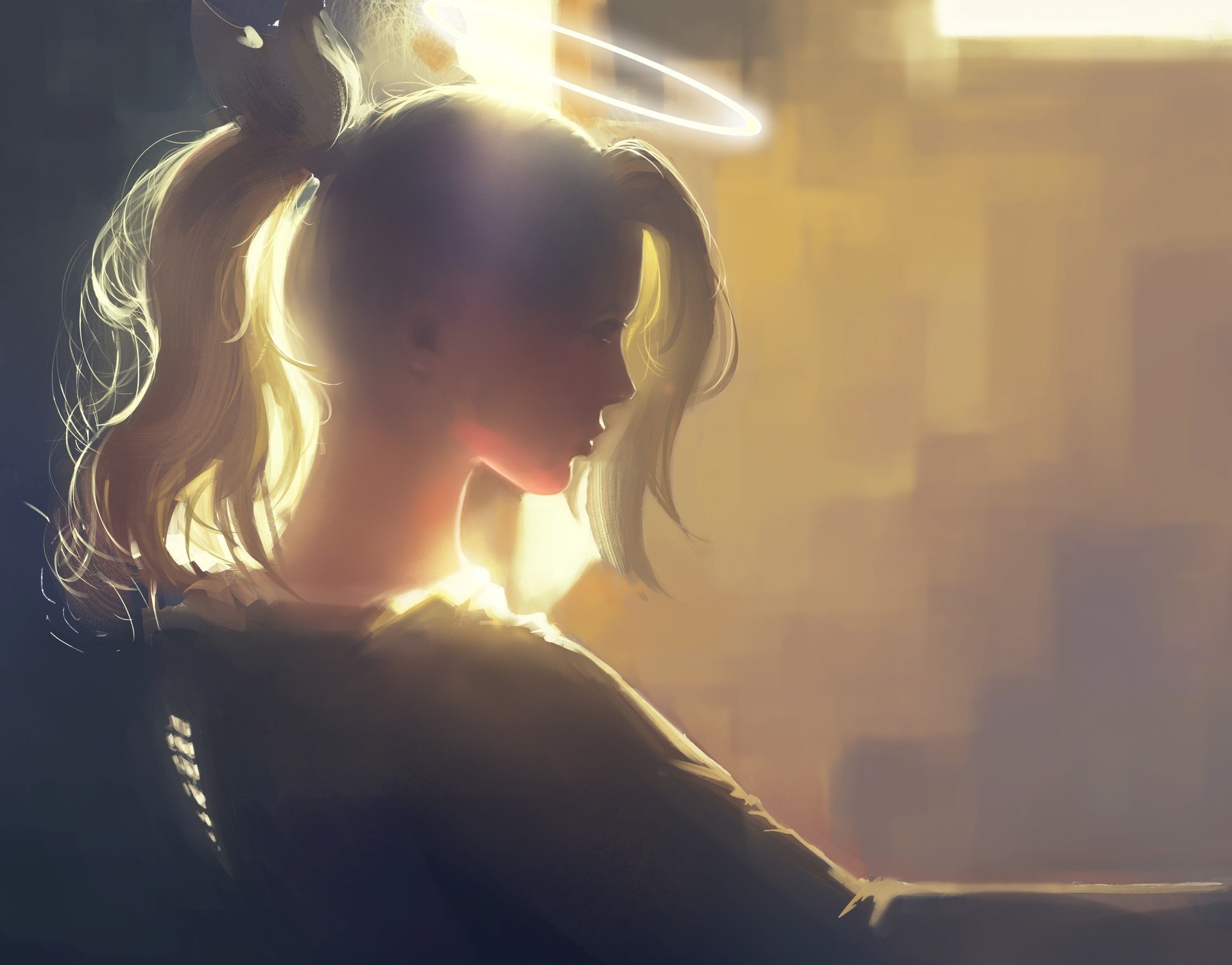 HD PC desktop wallpaper of Mercy (Overwatch), video game healer: blonde ponytail, backlit silhouette with glowing halo and warm painterly lighting.