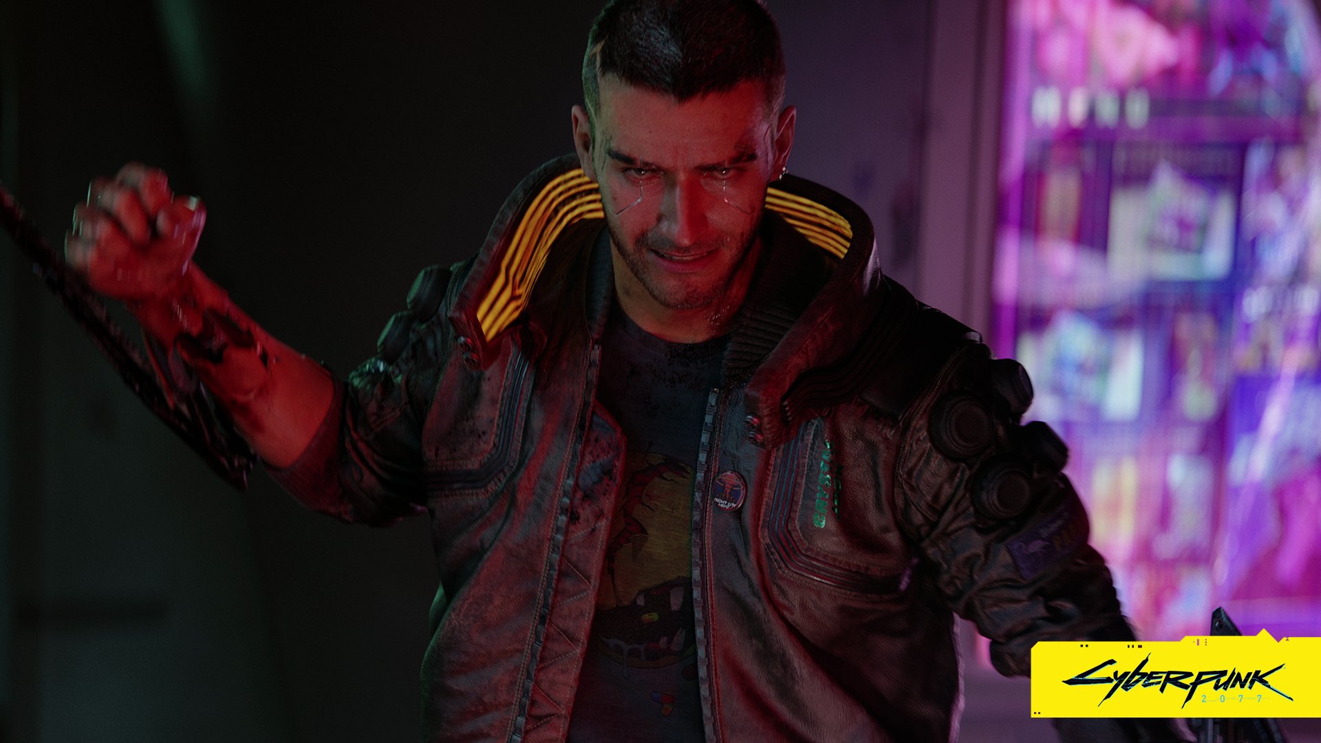 HD PC desktop wallpaper featuring a cyberpunk character from the video game Cyberpunk 2077, set against a vibrant neon-lit urban background.