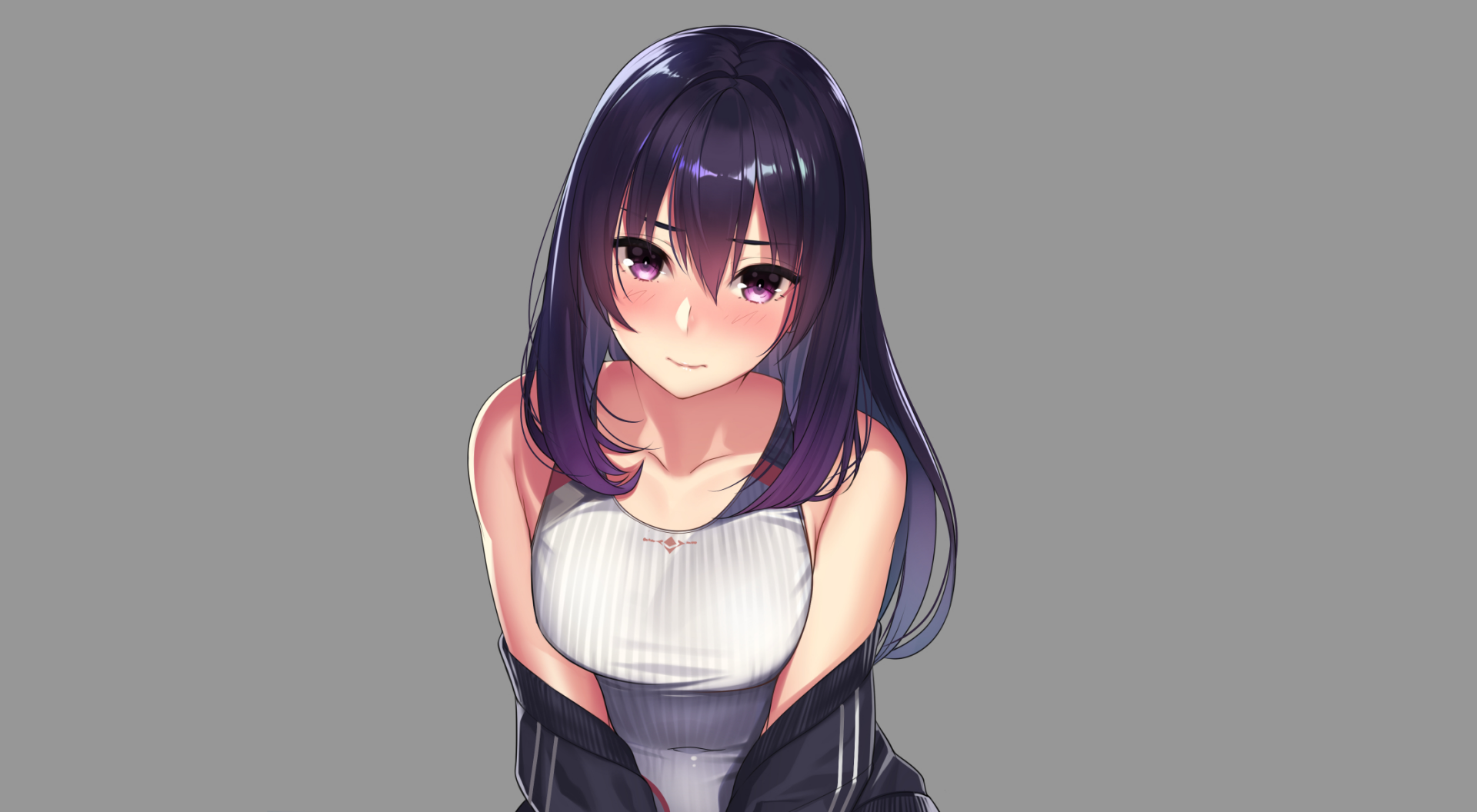HD anime-style original artwork of a girl with long dark hair and a white sleeveless top, designed as a PC desktop wallpaper and background.