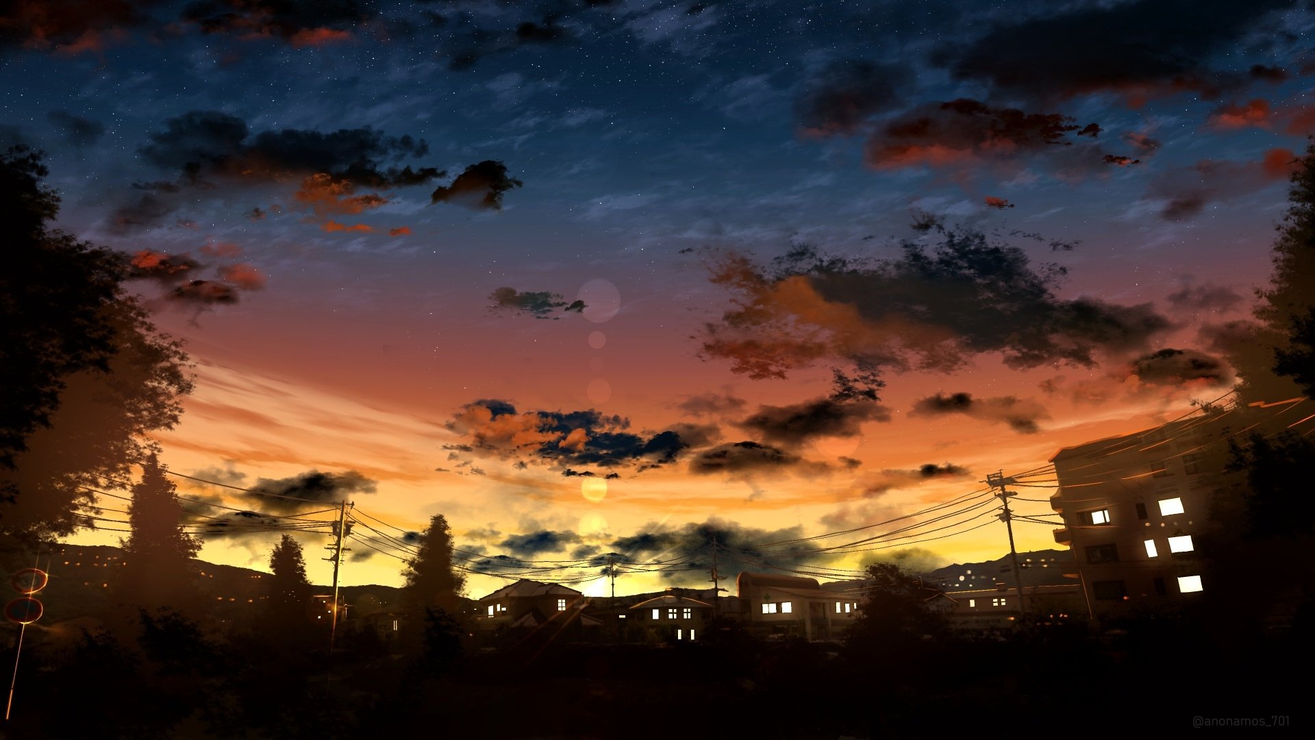 Download City Starry Sky Anime Sunset HD Wallpaper by anonamos701