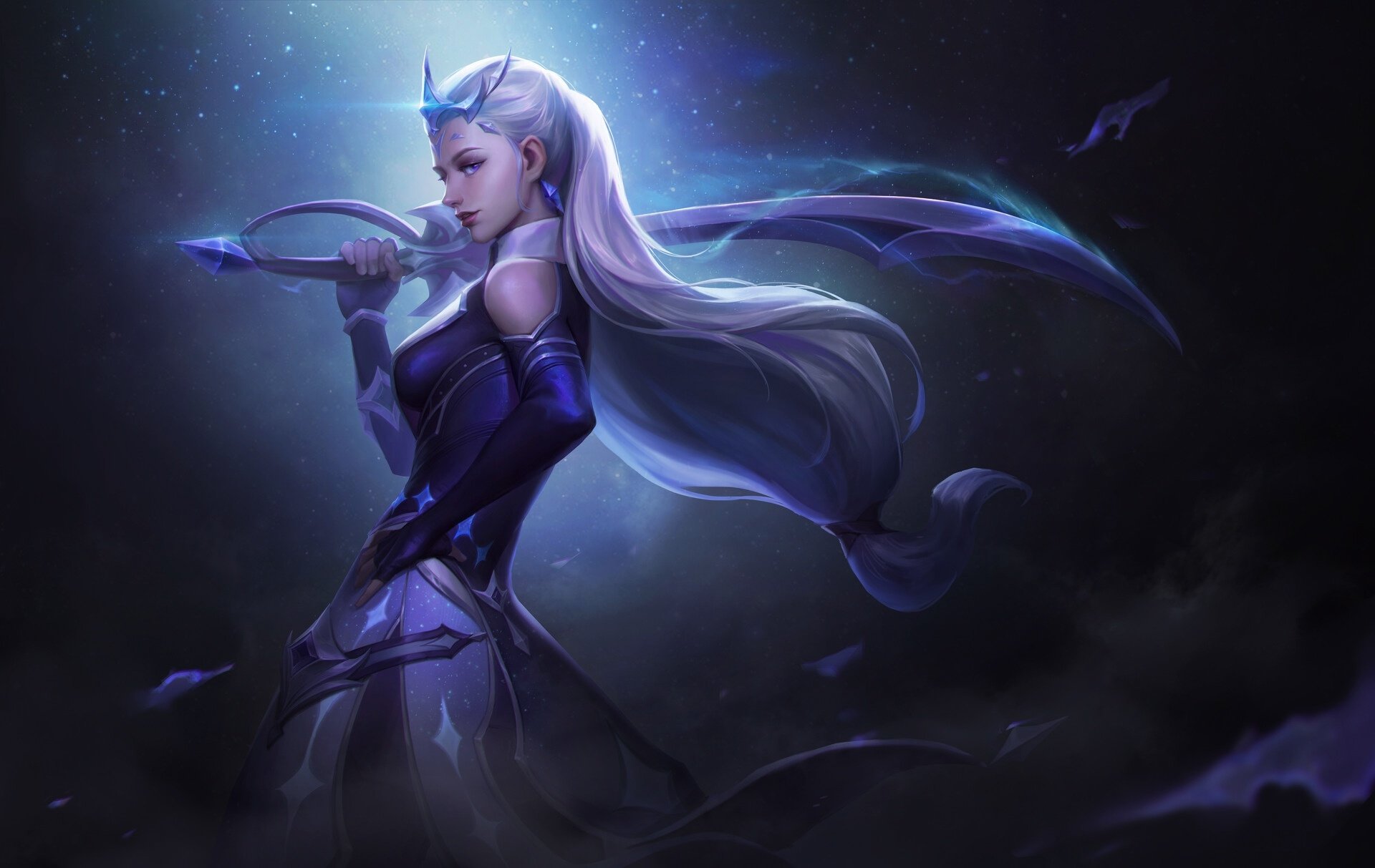 HD fantasy PC desktop wallpaper featuring a white-haired woman warrior with long hair wielding a glowing sword in a dark, mystical atmosphere.