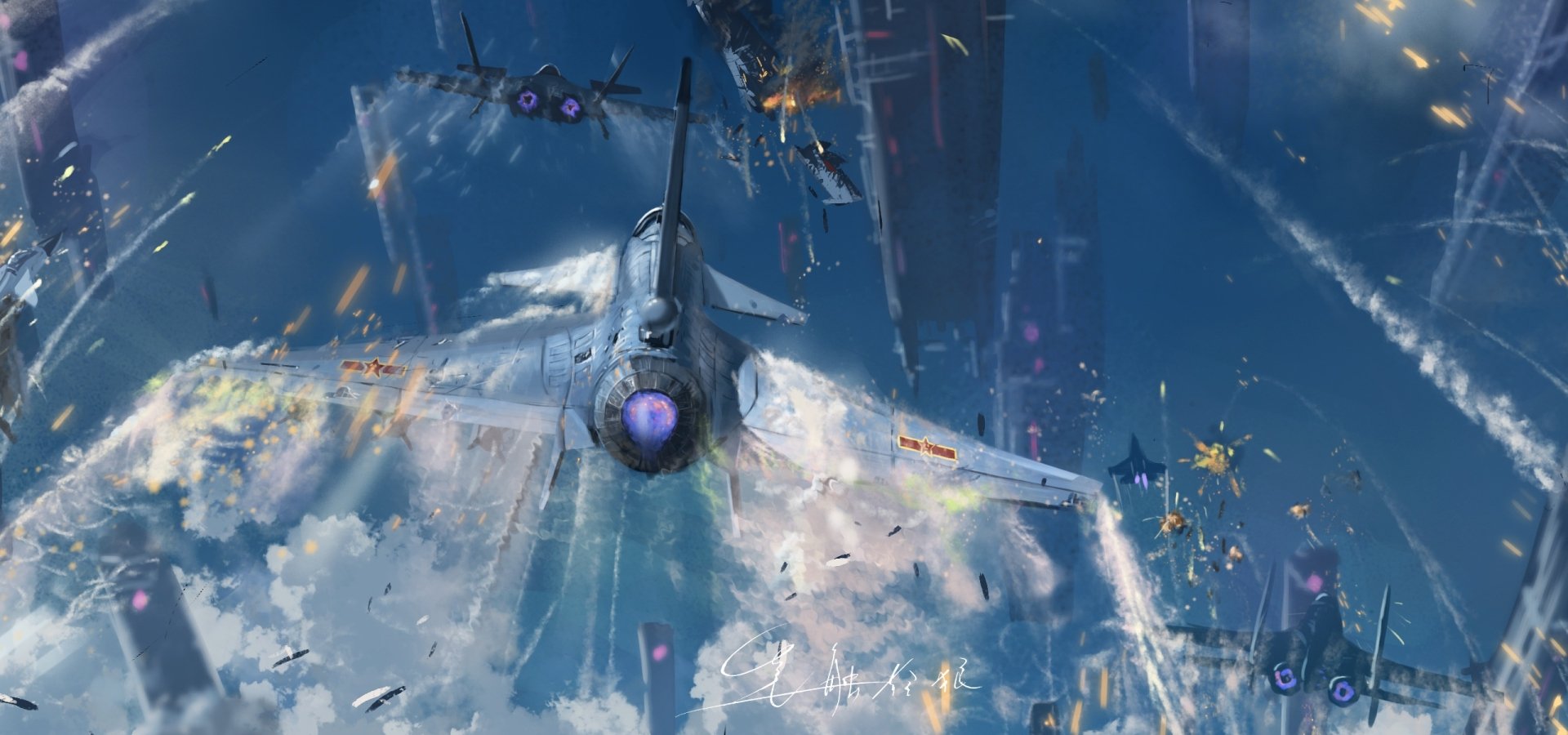 Artistic HD wallpaper featuring Chengdu J-10 and J-20 jet fighters soaring dynamically over a futuristic, battle-scarred cityscape.