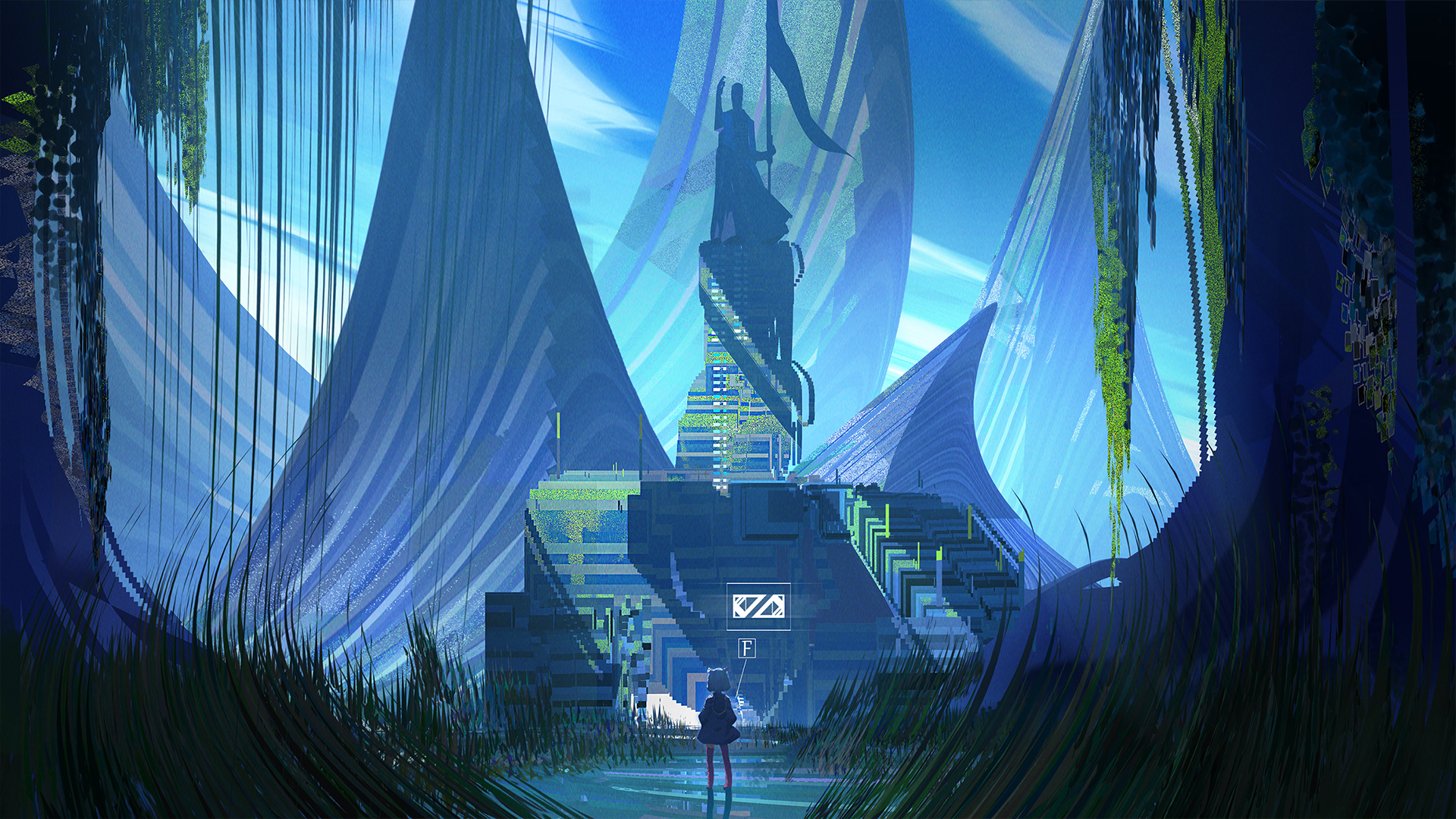 Anime-style HD wallpaper featuring a cat girl standing before a futuristic building in a mountainous landscape.
