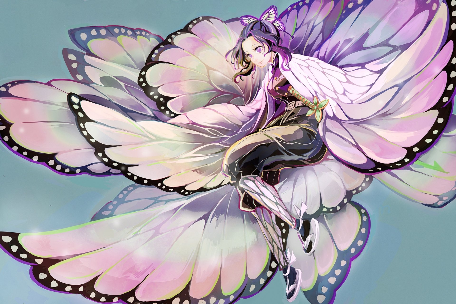 HD anime desktop wallpaper featuring Shinobu Kochou from Demon Slayer: Kimetsu no Yaiba with butterfly wings and a soft, pastel color palette.