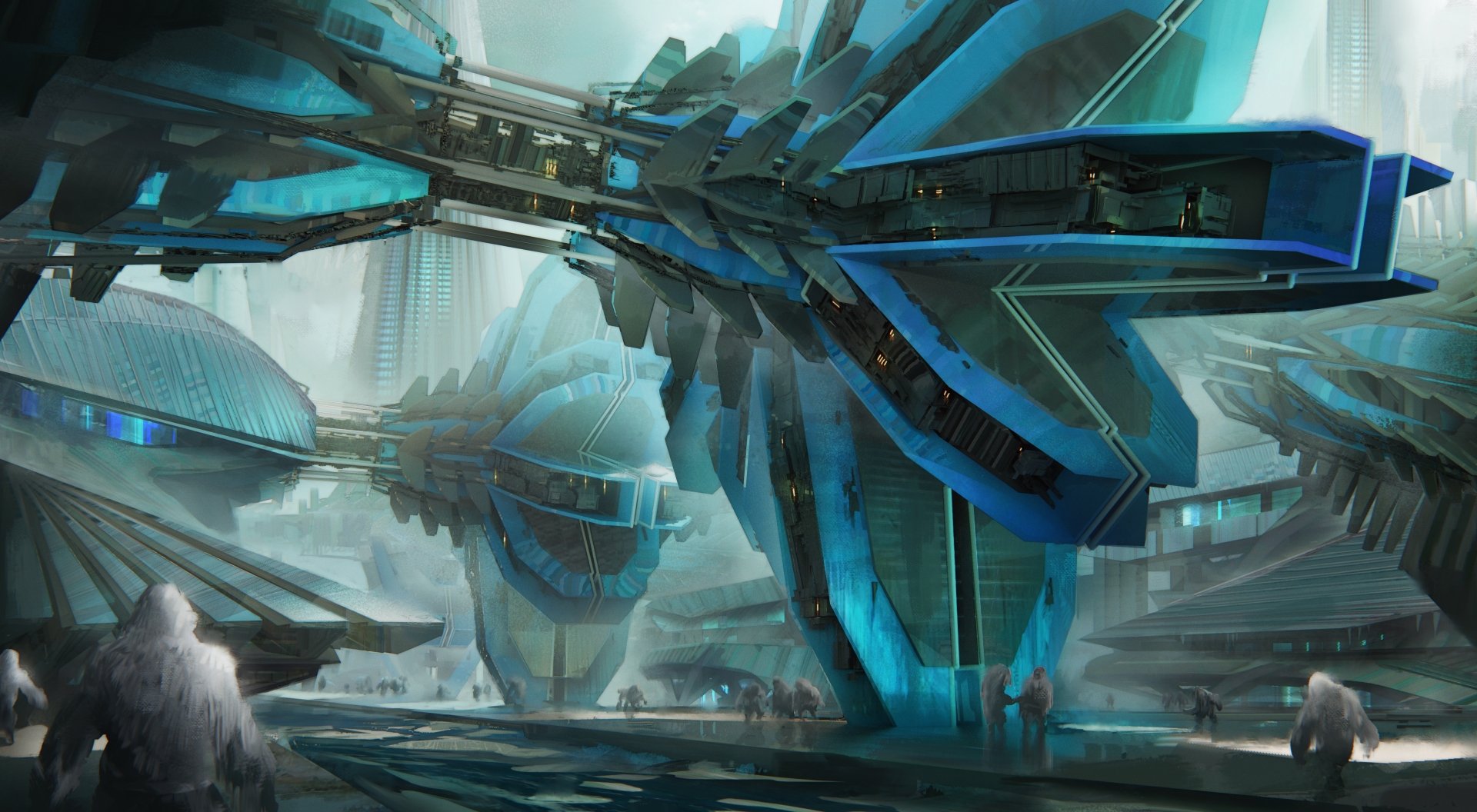A 4K Ultra HD fantasy cityscape featuring futuristic blue architecture with a yeti figure in the foreground, blending mystical and technological elements in a dynamic PC desktop wallpaper.