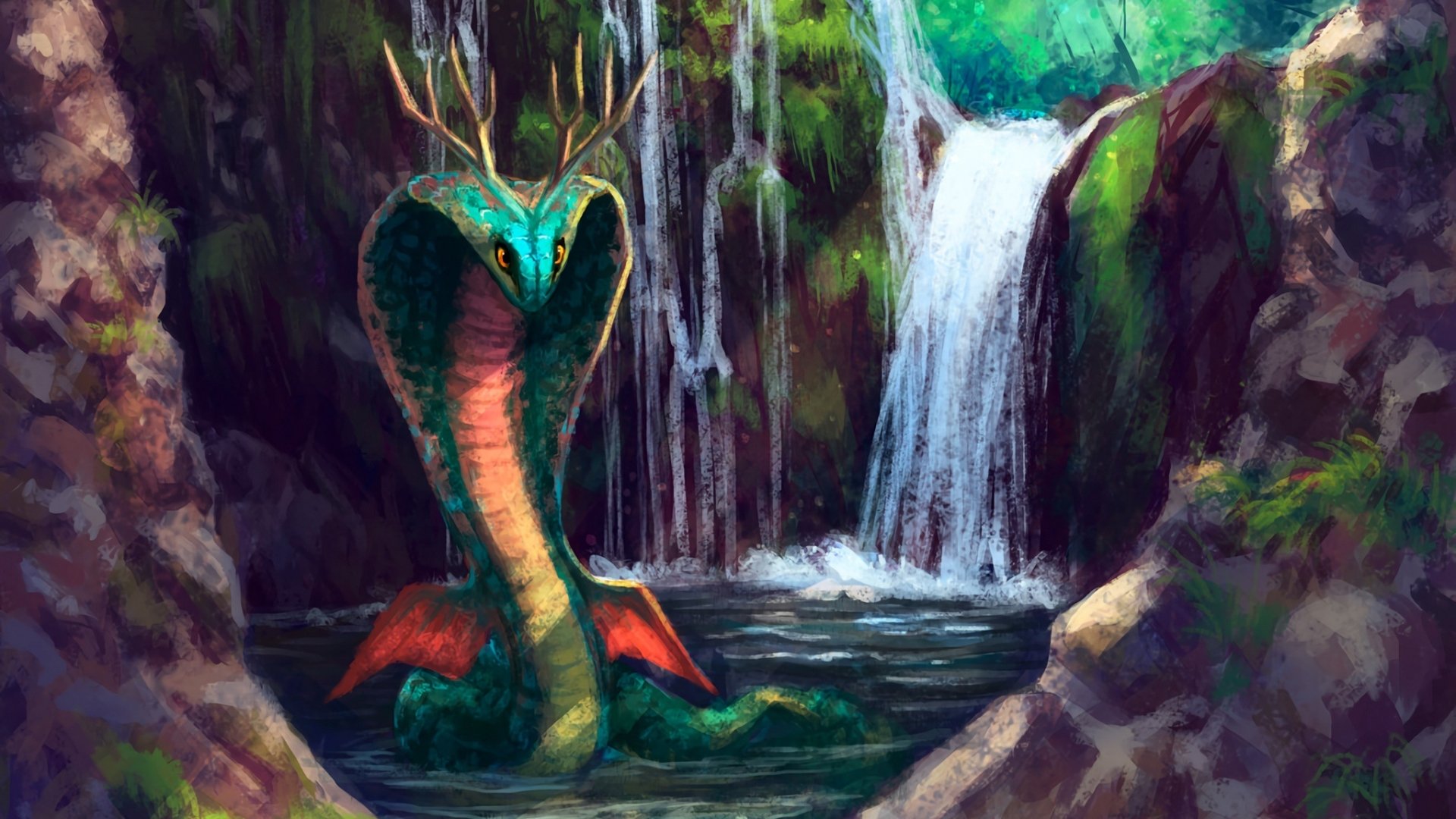 A fantasy animal resembling a snake with antlers and fins emerges from the water below a lush waterfall in this HD PC desktop wallpaper.