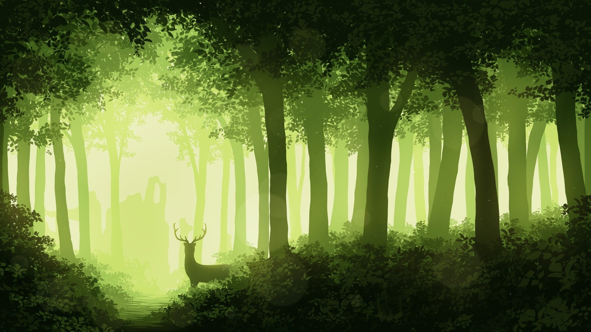 HD fantasy forest wallpaper featuring dense trees with soft green light filtering through and a majestic deer standing quietly among the foliage.
