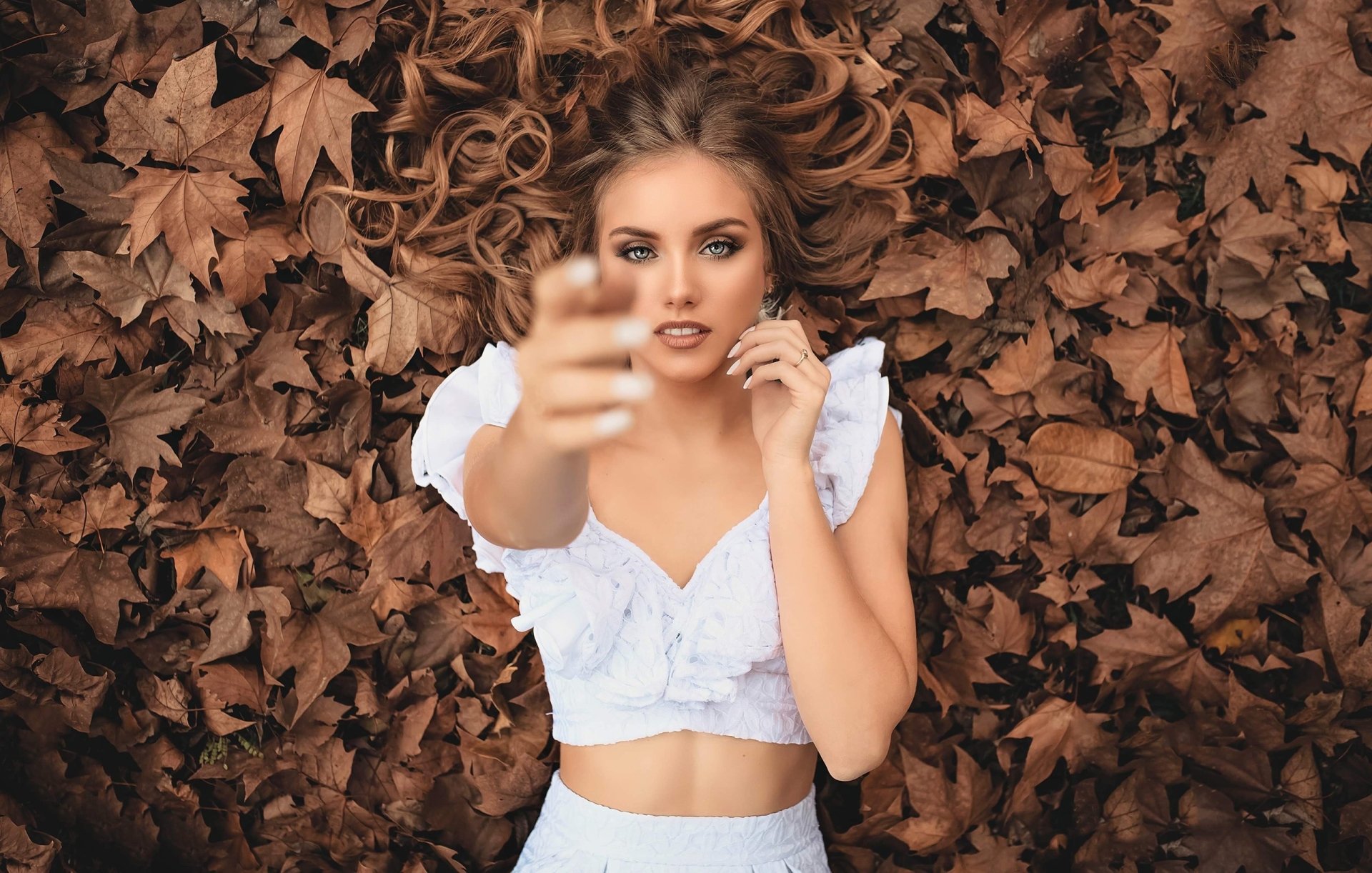 Download Leaf Blue Eyes Lying Down Redhead Woman Model HD Wallpaper by Renato Abati