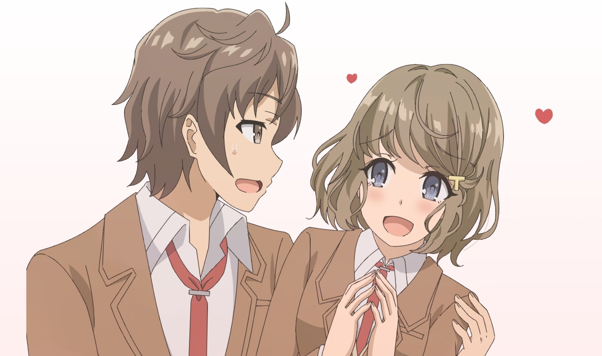 HD PC wallpaper of Sakuta Azusagawa and Tomoe Koga from Rascal Does Not Dream of Bunny Girl Senpai, smiling together in school uniforms with small hearts.