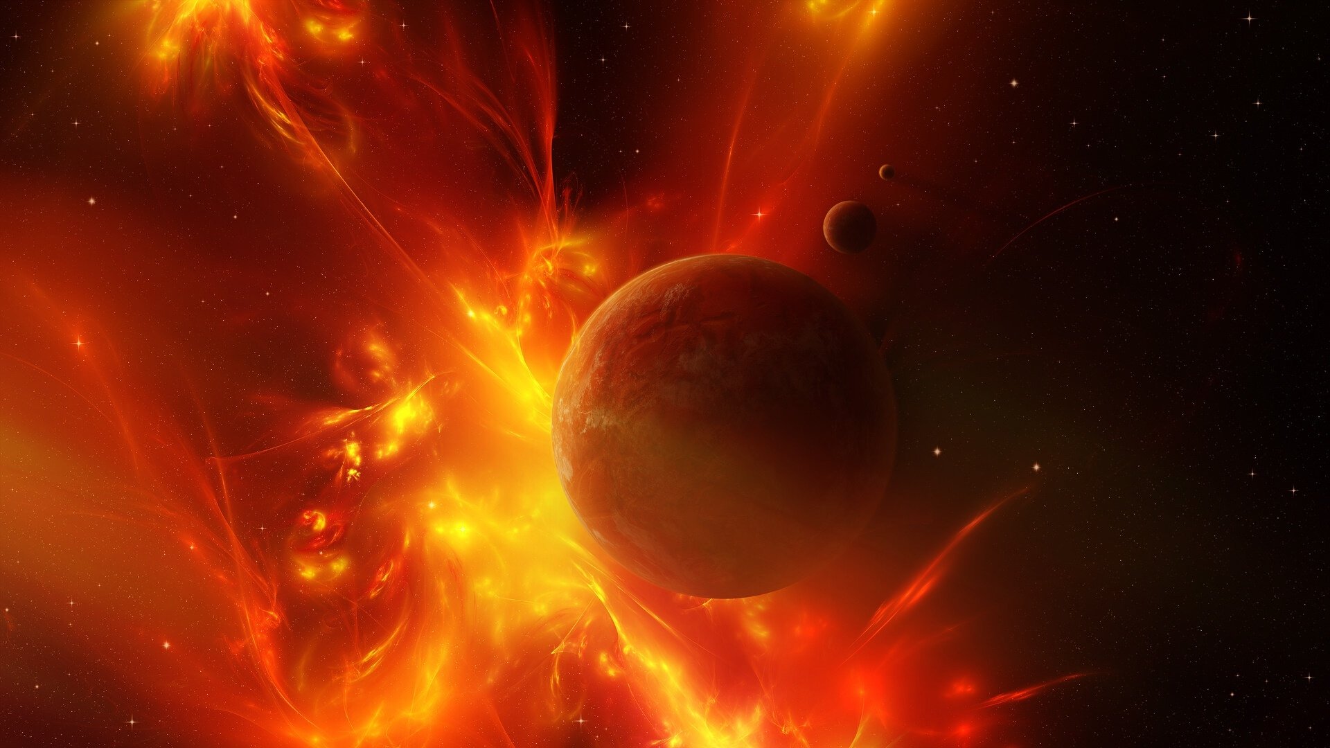 HD PC desktop wallpaper: Sci‑Fi space scene of a fiery red-orange nebula surrounding a rocky planet with two smaller moons against a starry background.
