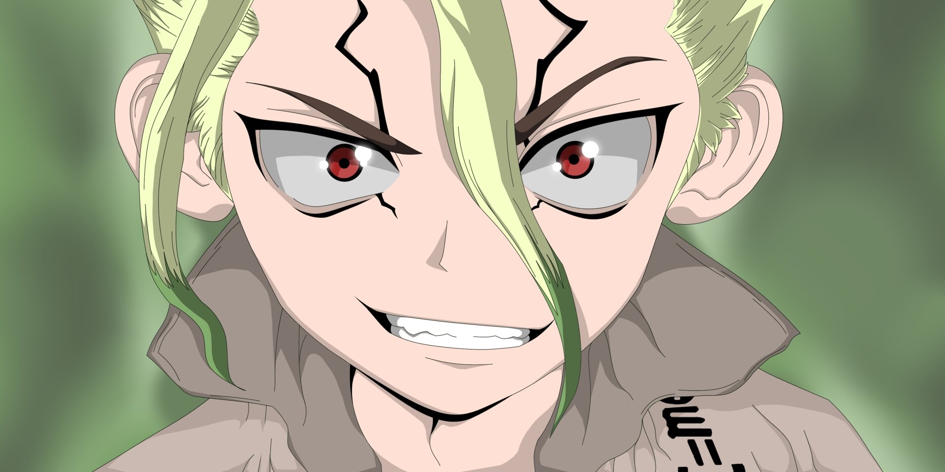 HD PC desktop wallpaper featuring Senku Ishigami from the anime Dr. Stone with a confident expression and distinctive green hair strand.