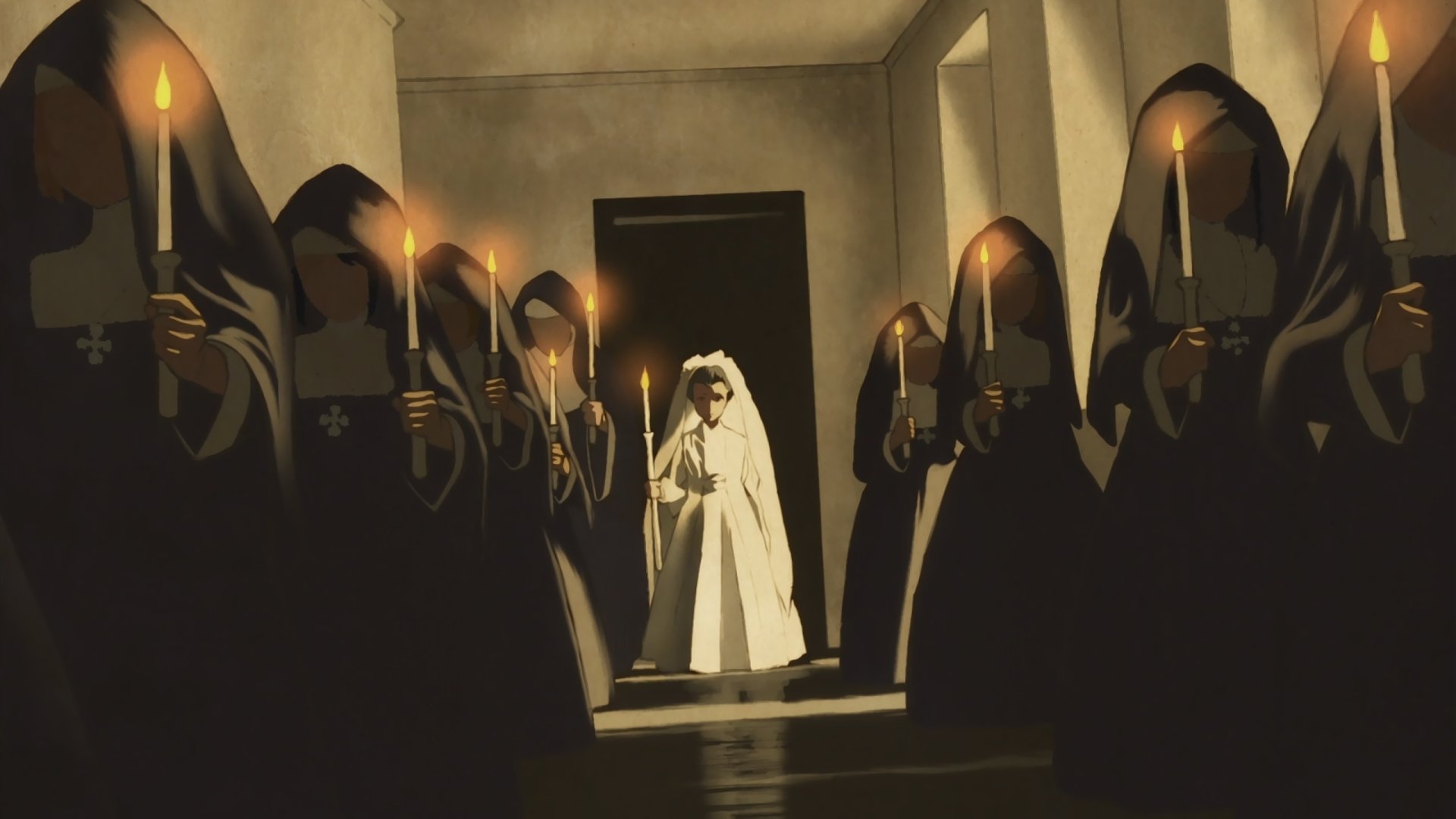 HD anime desktop wallpaper from Fire Force featuring a white-cloaked figure standing in a dimly lit hallway surrounded by hooded, candle-bearing figures.