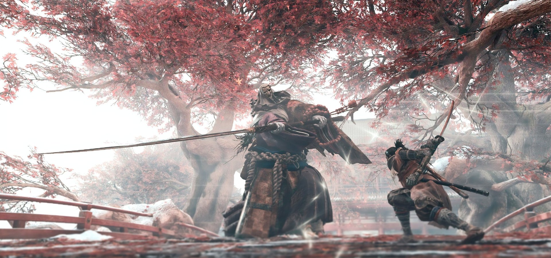 HD PC desktop wallpaper featuring a samurai battle scene from Sekiro: Shadows Die Twice, showcasing the character Sekiro wielding a sword amid vibrant red foliage.