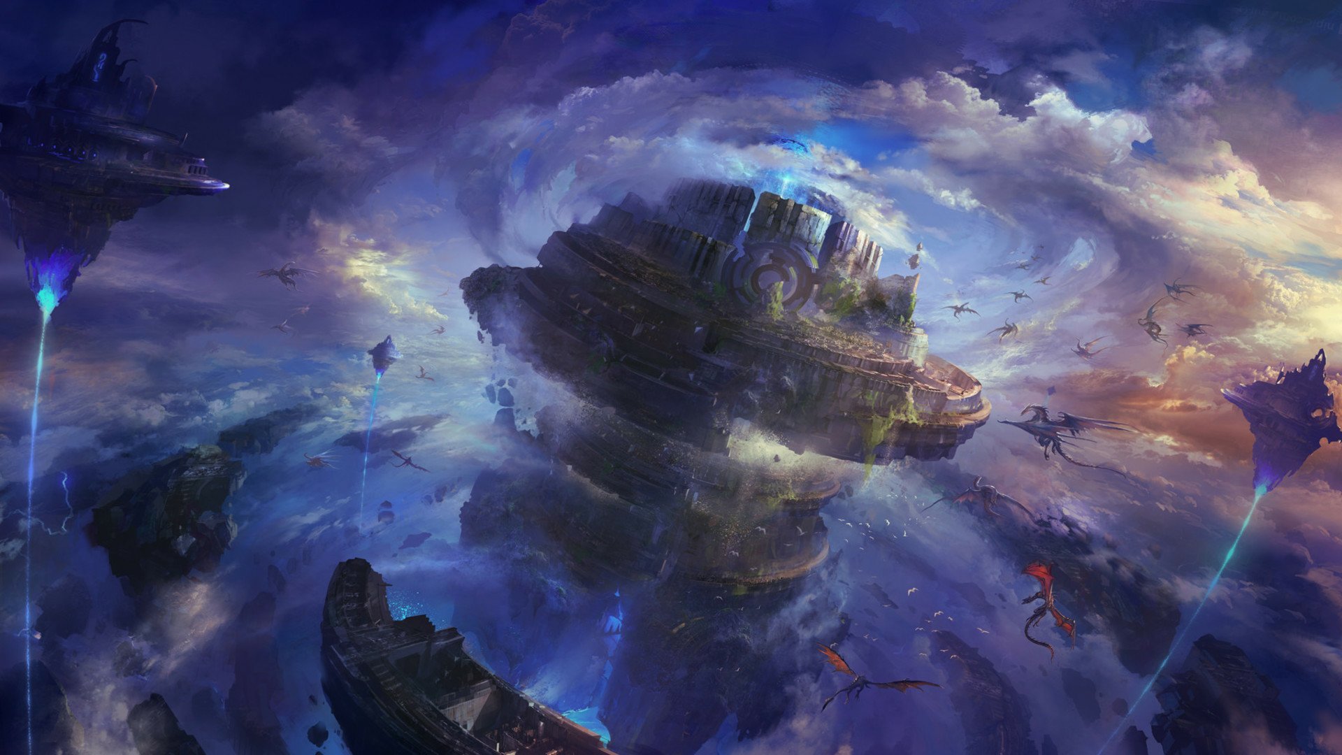 HD fantasy PC desktop wallpaper featuring dragons soaring through a dramatic, cloud-filled sky above a floating, rocky fortress.
