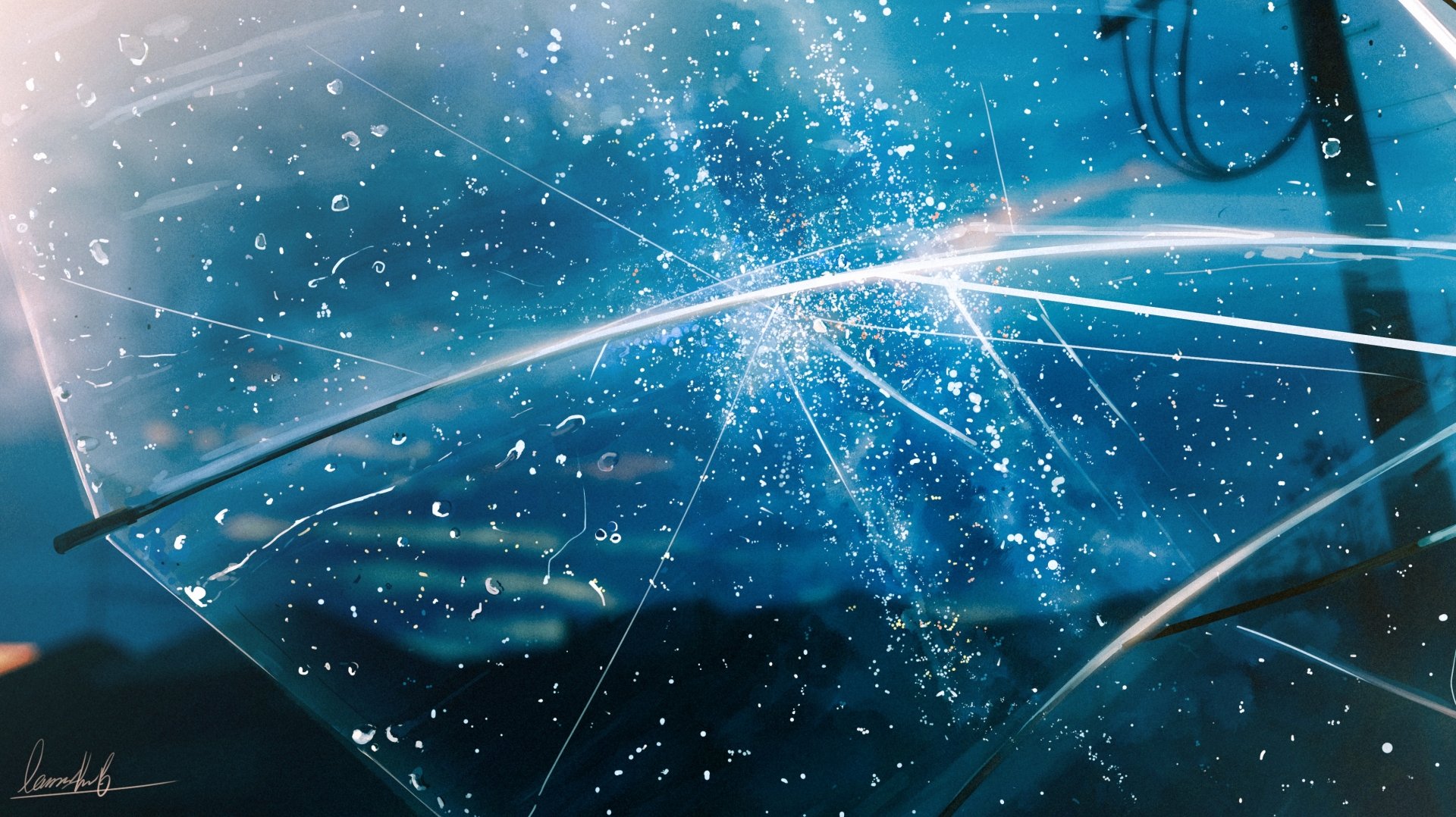 HD anime desktop wallpaper featuring a close-up of raindrops on a transparent umbrella at night, with soft blue tones capturing a serene rainy atmosphere.
