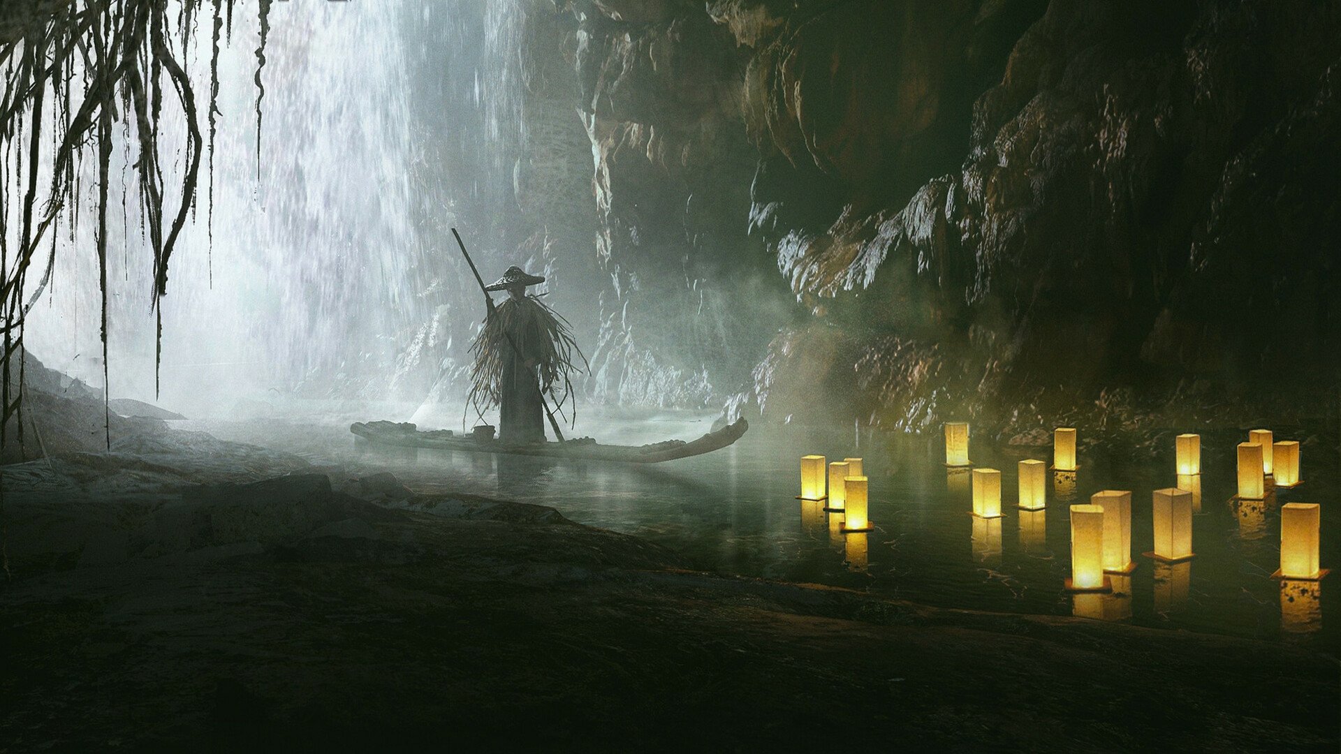 A mystical oriental figure with a spear stands beside a river in a misty cave, illuminated by glowing lanterns, captured in an HD fantasy desktop wallpaper.